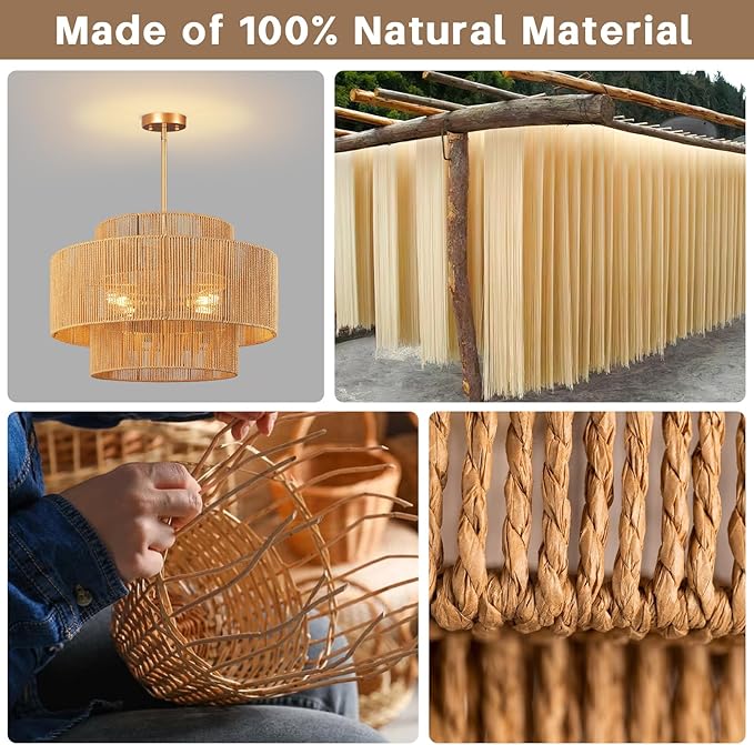 24'' Boho Rattan Chandelier, 4-Light Hand-Woven Wicker Pendant Lamp, Rustic Modern Ceiling Light Fixture for Dining Room, Kitchen Island, Living Room, Bedroom, Foyer, Entryway, Over Table - Aura Lighting