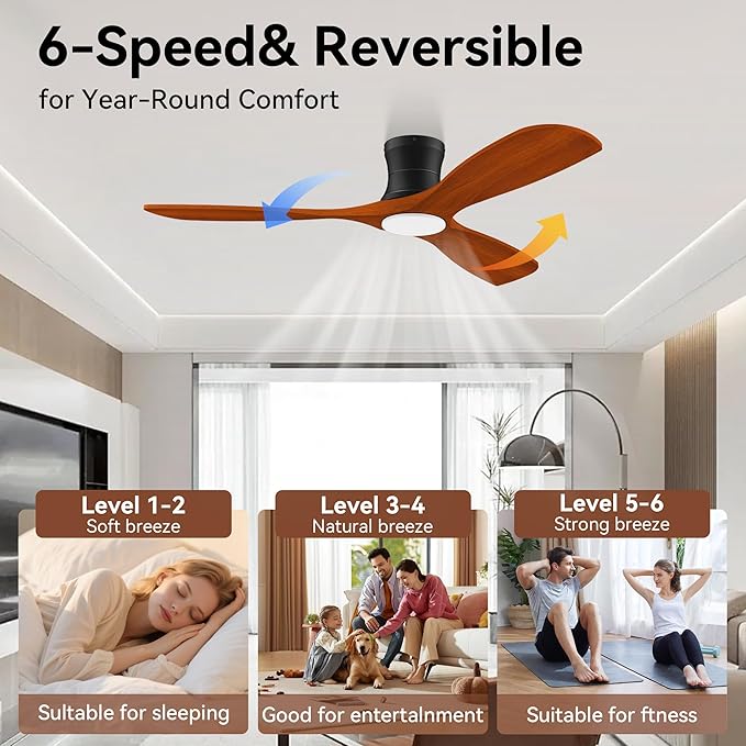 52' Smart Wood Low Profile Ceiling Fan with Lights Remote, Quiet DC Motor, Outdoor Indoor Flush Mount, Voice Control via WIFI Alexa App, Modern Dimmable Lighting for Bedroom Patio - Aura Lighting