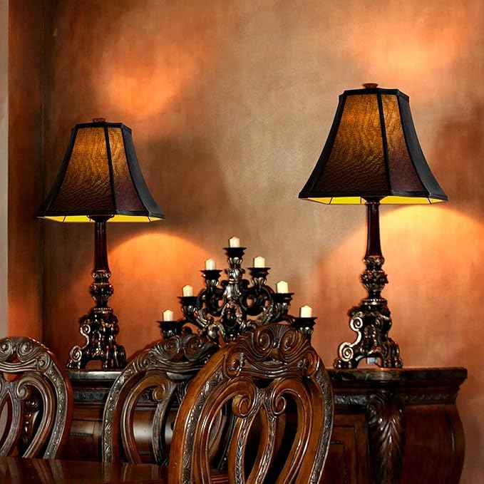 GO&S0 Set of 2 Medium Bell Lamp Shades Black,13.2" Octagonal Lampshade for Table Lamps,Floor Lamp Replac-6.5"x13.2"x10.6"(Spider) Modern Shade for Nightstand,Faux Silk Easy Assembly Required