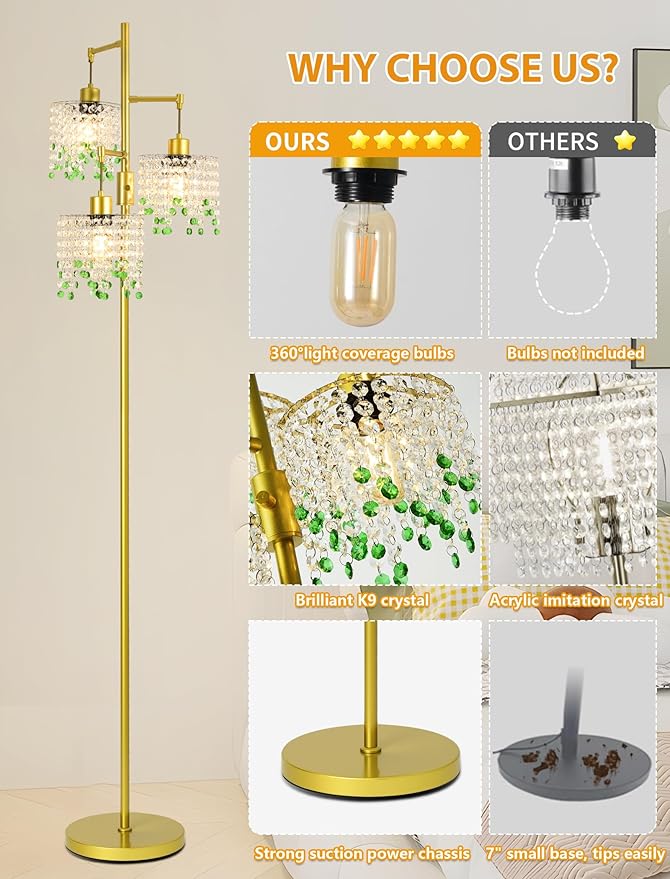 64" Crystal Floor Lamp with 3 Lights, Elegant Crystal Floor Lamp, Modern Standing Lamp, Gold Metal Base, K9 Crystal Beads with Green Accentsfor Living Room, Bedroom, Office
