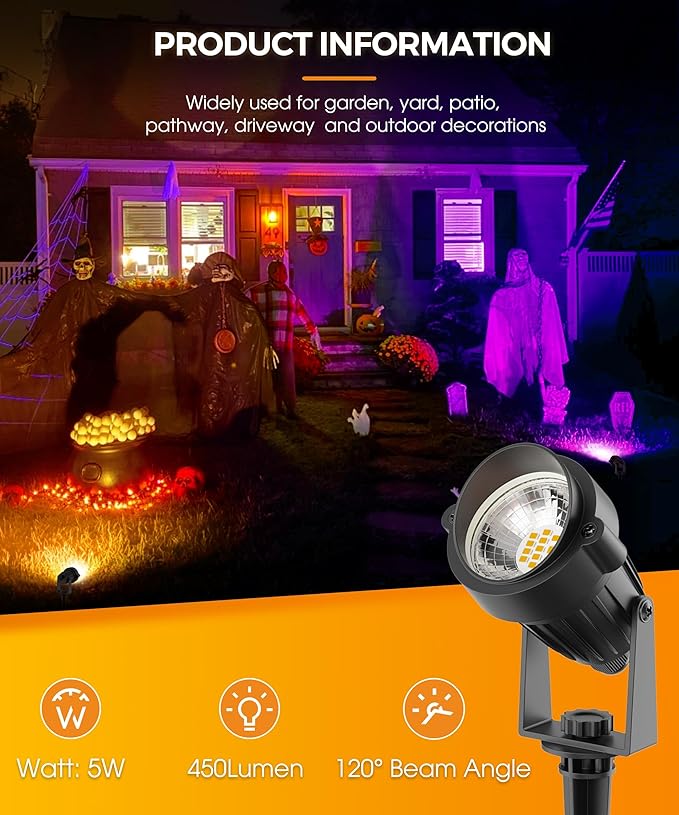 L LOHAS LED Halloween Orange and Purple Spotlights Outdoor, Auto On/Off 5W 120V Landscape Lighting for for House, Holiday, Trees, Decoration, 450LM IP66 Waterproof, UL Listed, 2 Pack - Aura Lighting