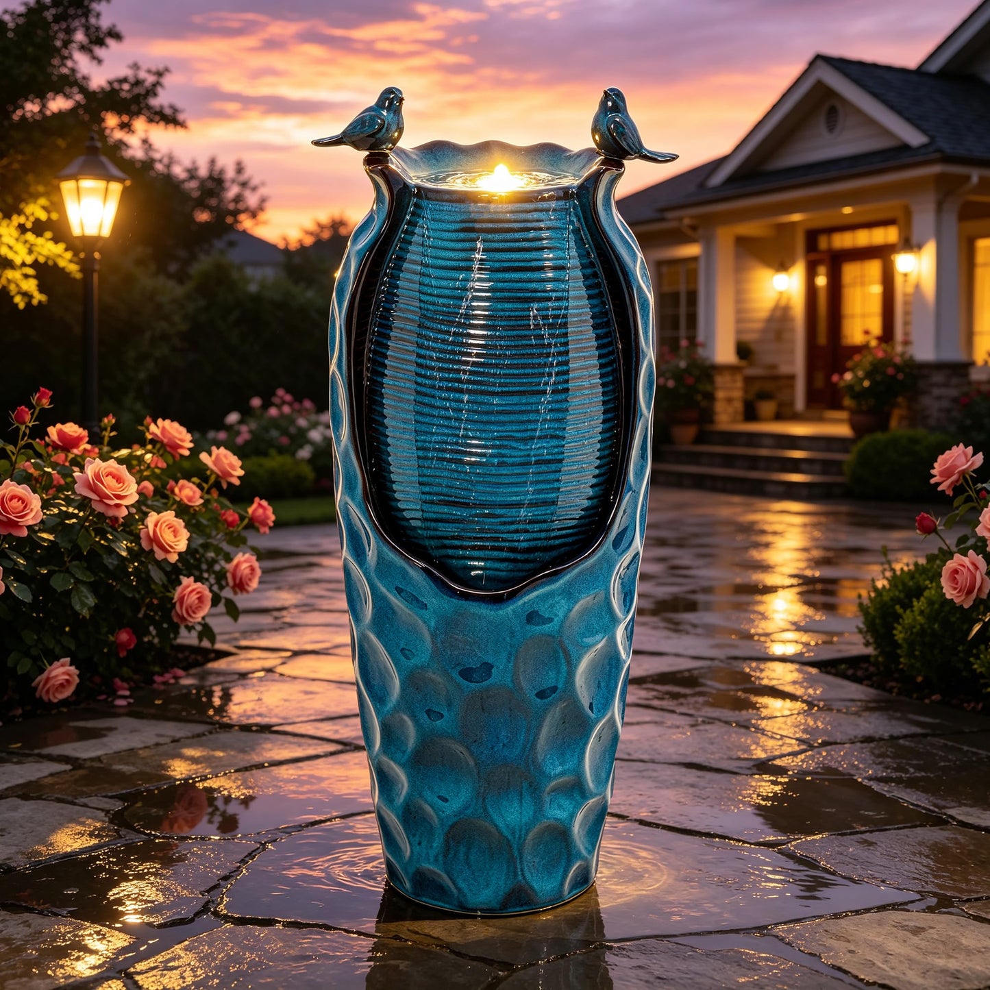 Autodaya 33" Vase Ceramic Outdoor Water Fountain with Lights and Birds