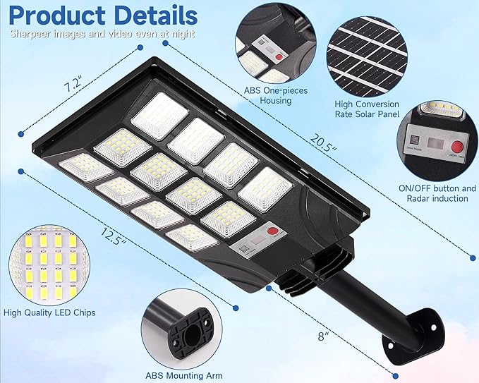 Solar Lights Outdoor for Outside, IP66 Waterproof Solar Street Lights Outdoor with Motion Sensor & Dusk to Dawn, 6500K Security Flood Light for Yard Garden with Remote Control - 4PACK