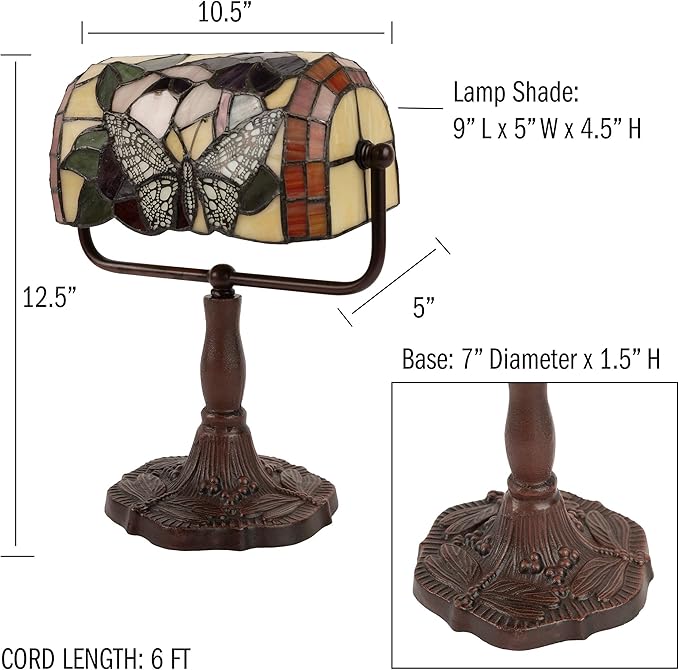 Tiffany Style Bankers Lamp-Stained Glass Butterfly Design Table or Desk Light LED Bulb Included-Vintage Look Colorful Accent Decor by Lavish Home