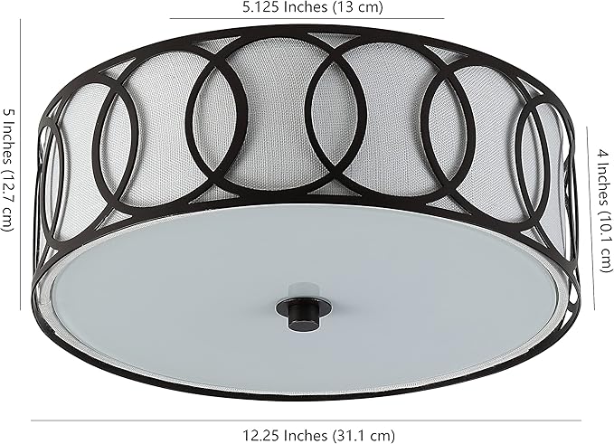 JONATHAN Y 12.25" Oil Rubbed Bronze Modern Metal LED Flush Mount Ceiling Light for Bedroom Hallway, White Linen Drum Shade with Geometric Fretwork, LED Bulbs Included (JYL3502C)