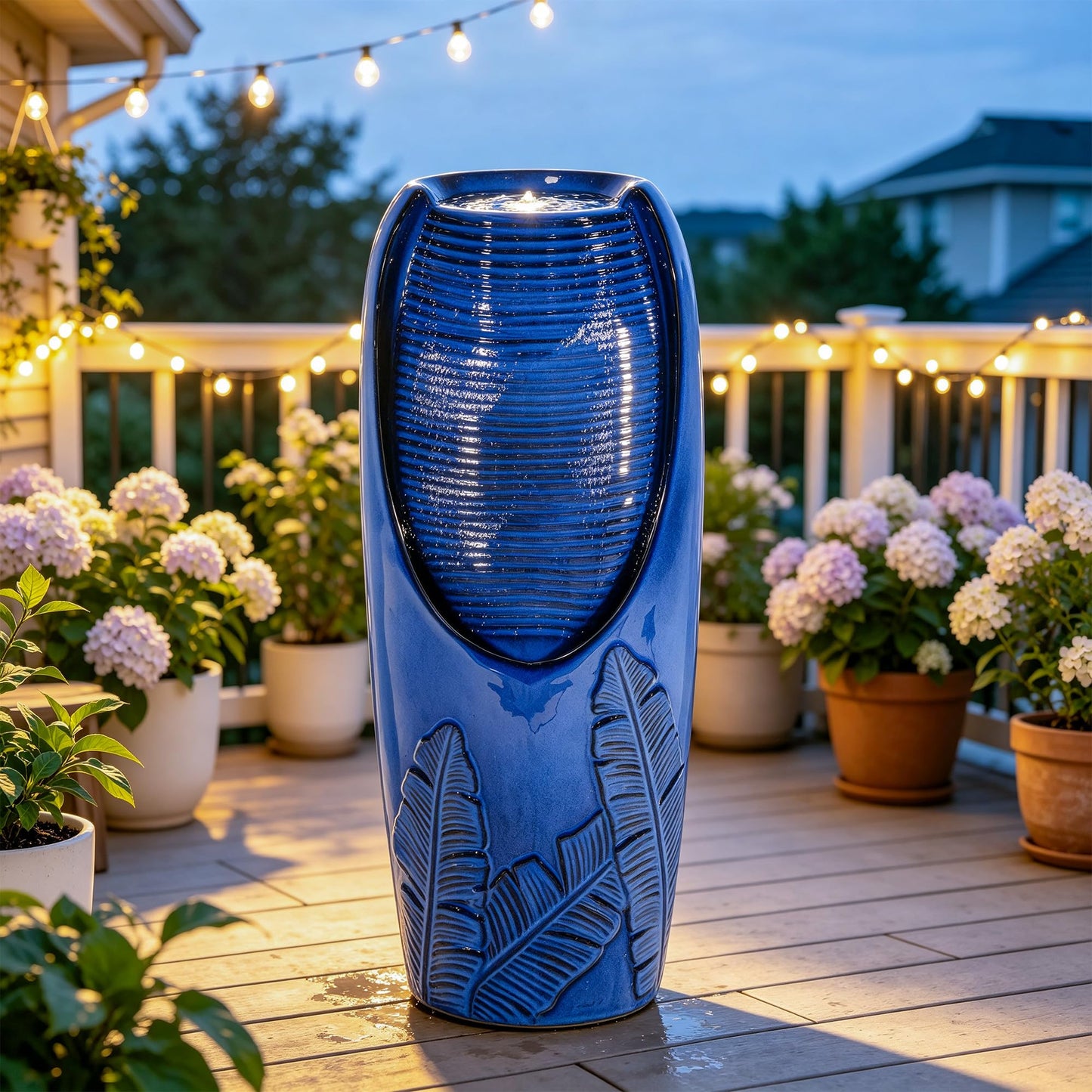Autodaya 33" H Ceramic Jar Outdoor Water Fountain with Lights