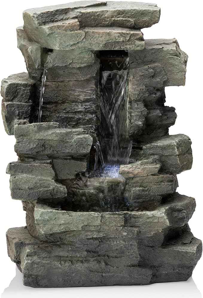Alpine Corporation 13" Tall Indoor Tabletop Water Fountain, 4 Tier Cascading Water Feature with LED Lights for Home, Office, Living Room, or Zen Decor, Gray