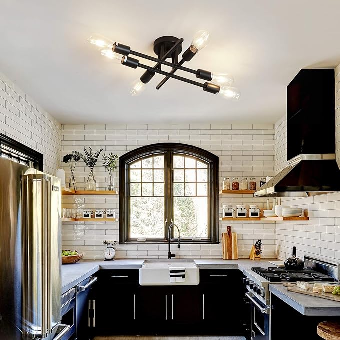 ZGLAOJT 6-Lights Semi Flush Mount Ceiling Light Fixture，Black Industrial Chandelier，Farmhouse Lighting for Dining Room Living Room Kitchen Bedroom