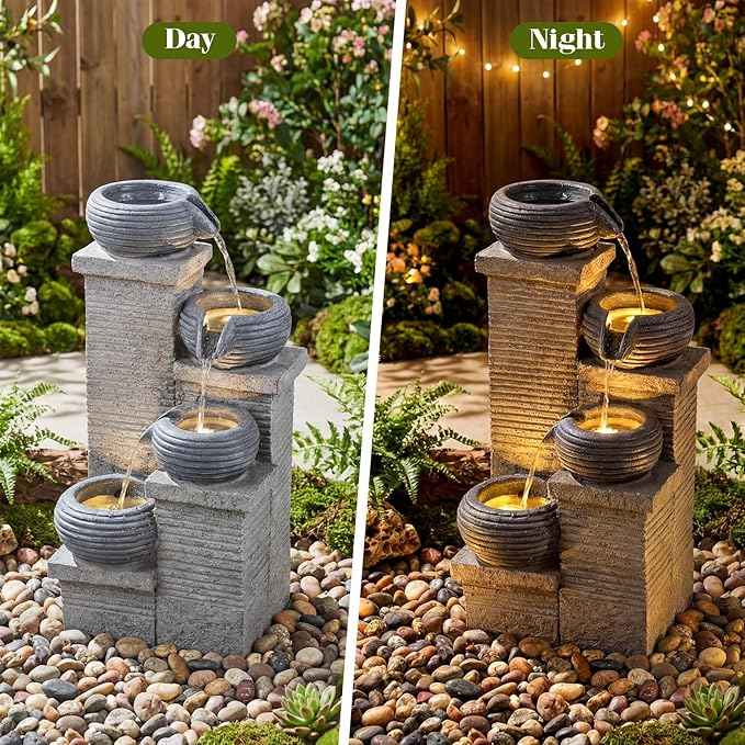 Giantex 4-Tier Water Fountain Outdoor, 23 Inch Cascading Bowls Waterfall Fountain with Warm LED Lights & Pump, Outside Zen Water Feature for Patio, Balcony, Deck, Garden, Yard Decor