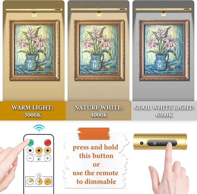 Wireless Picture Light, Battery Operated LED Painting Lights with Remote Control, Dimmable, Timer for Art Frame (Gold-19.7inch)