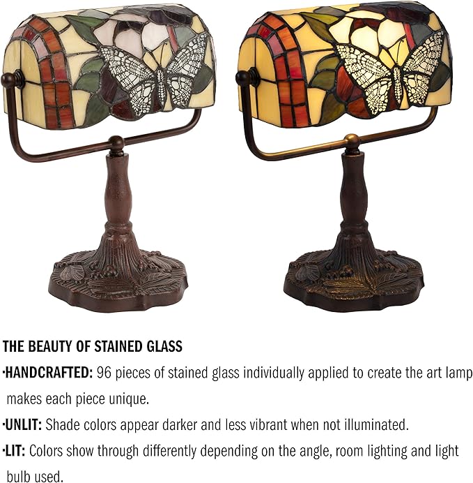 Tiffany Style Bankers Lamp-Stained Glass Butterfly Design Table or Desk Light LED Bulb Included-Vintage Look Colorful Accent Decor by Lavish Home