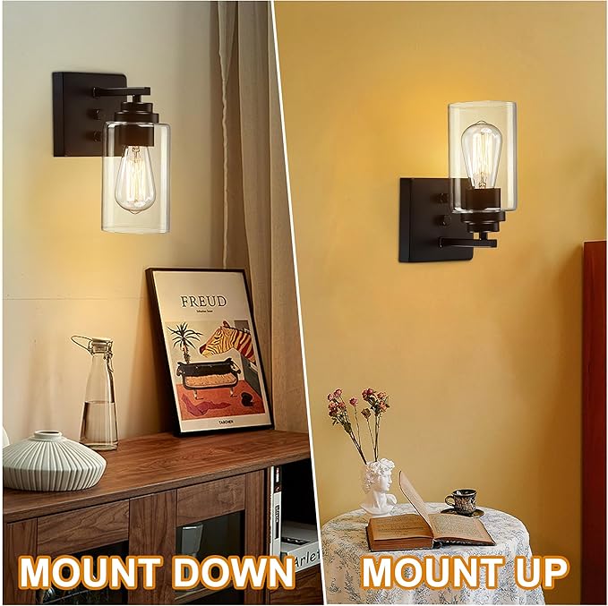 Pia Ricco Wall Sconces Set of Two, Bedside Wall Lamps with Rotary Switch for Bedroom, Modern Bathroom Light Fixtures with Clear Glass Shade, Black Sconces Wall Lights for Living Room, Hallway, Kitchen - Aura Lighting