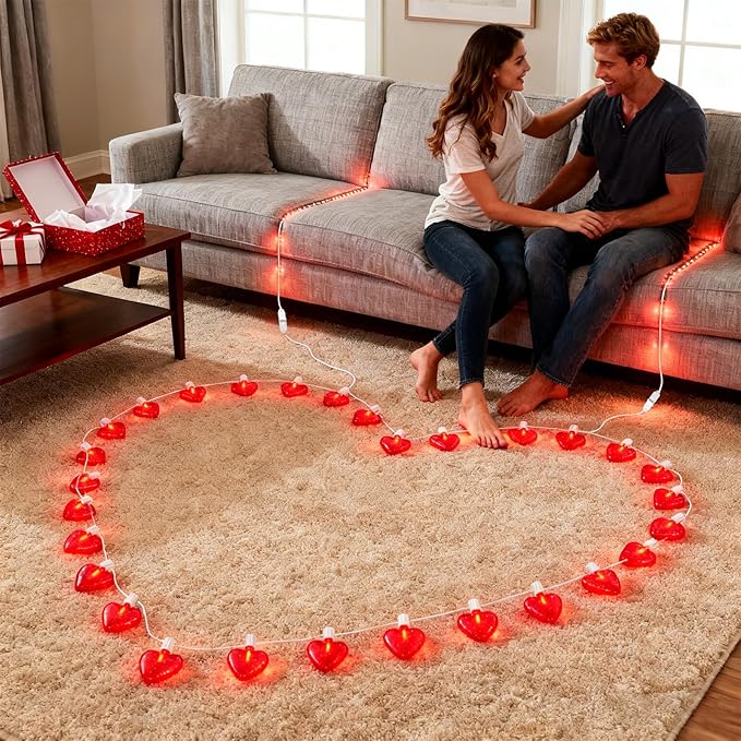 20Ft Valentine's Day Lights Outdoor with Glittering 3D Red Heart Shaped Lights, 22 Dimmable LED Bulbs(2 Spare) Waterproof for Indoor and Outdoor Wedding Anniversary Party Valentine's Day Decorations
