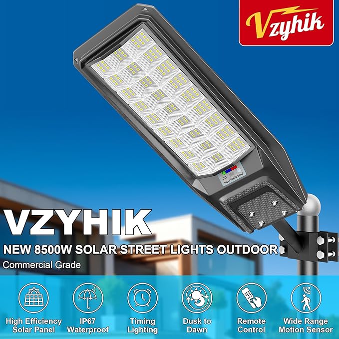 8500W Solar Street Light Outdoor Waterproof, 250000LM Large Commercial Light Solar Powered Dusk to Dawn LED Security Flood Lights with Remote/Motion Sensor, IP67 for Parking Lot/Garden/Yard