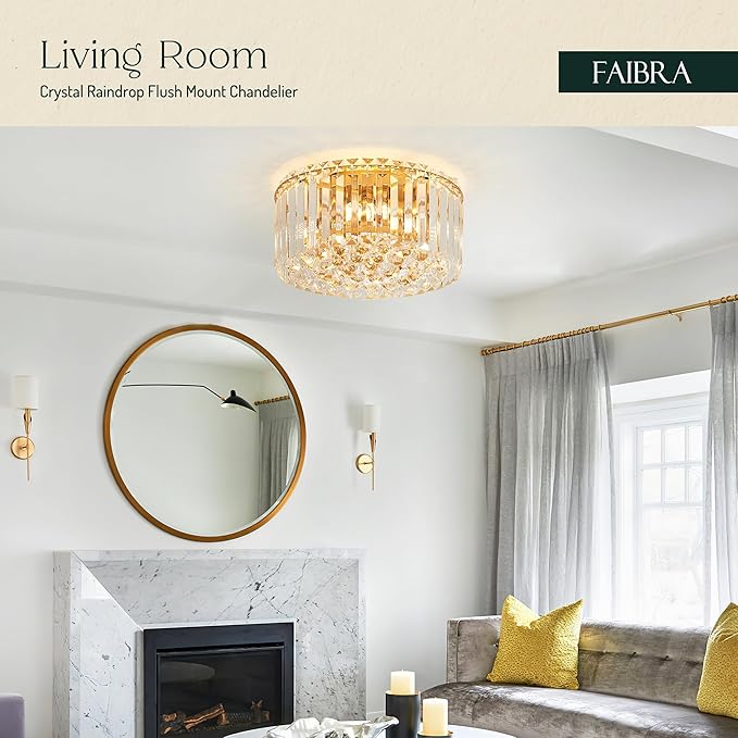 12.6" Gold K9 Crystal Raindrop Flush Mount Ceiling Light, Modern Chandelier, Round Luxury Light Fixture for Dining Room, Bedroom, Hallway, Kitchen Island & Living Room - Aura Lighting