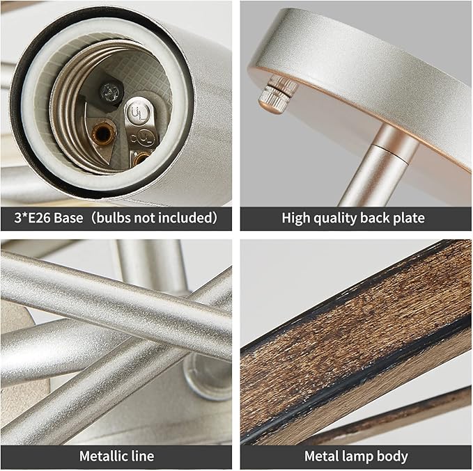 WUZUPS Chandelier 3-Light Vintage Farmhouse Industrial Imitation Wood Grain Semi-Flush Mount Ceiling Light Lighting Fixture for Foyer Hallway Storage Room Kitchen Bathroom, H 9.4" W 12", Nickel