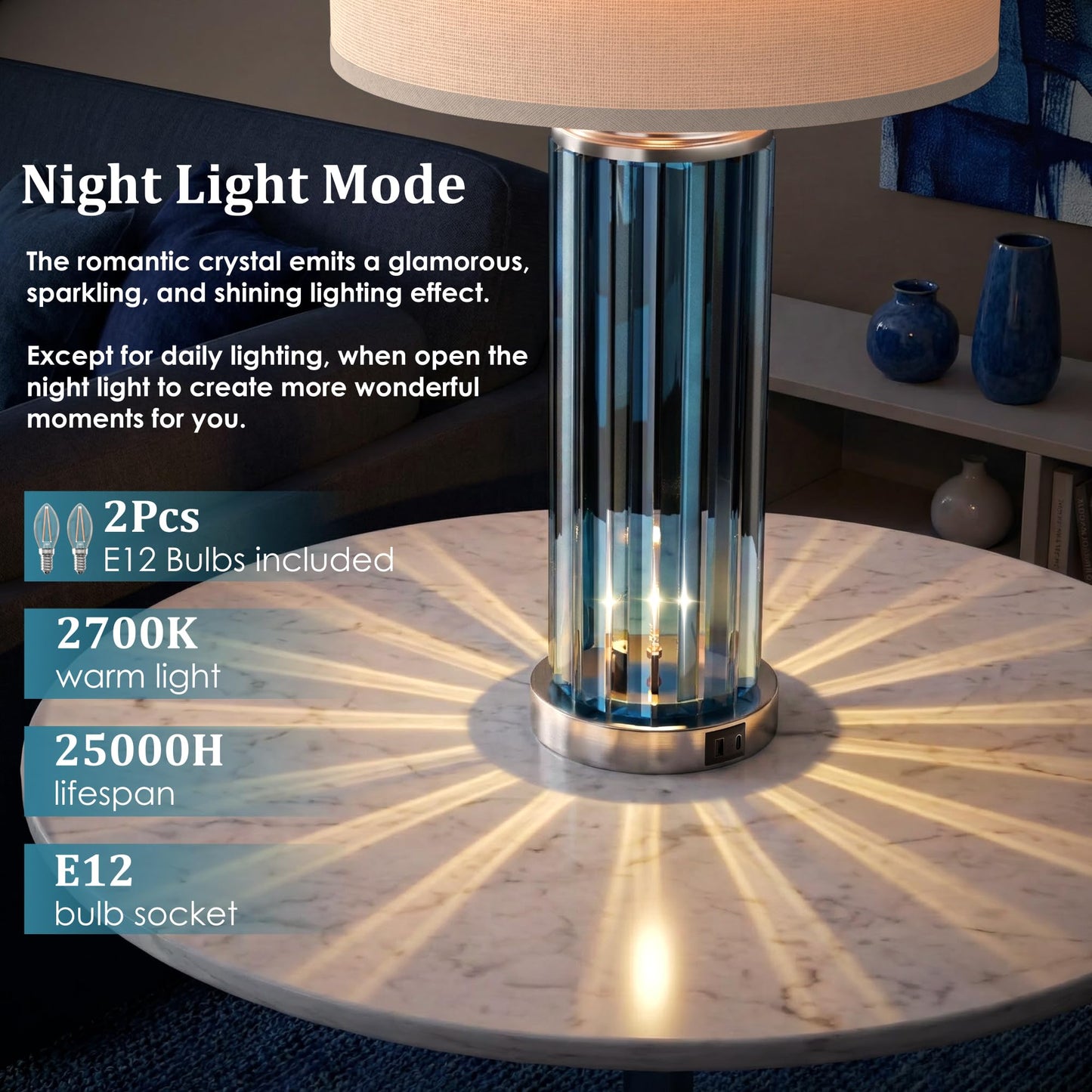 Blue Table Lamps for Bedroom Set of 2 with Nightlight (2 Count)