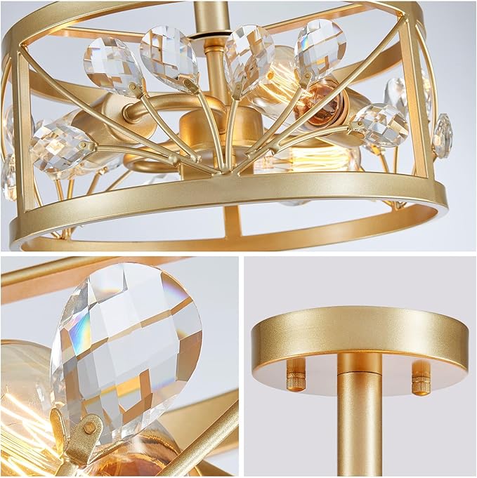 WUZUPS Crystal Leaf Chandelier 3-Light Vintage Farmhouse Industrial Semi-Flush Mount Ceiling Light Modern Lighting Fixture for Foyer Bedroom Hallway Storage Room Kitchen Bathroom, H 8.5" W 12", Gold