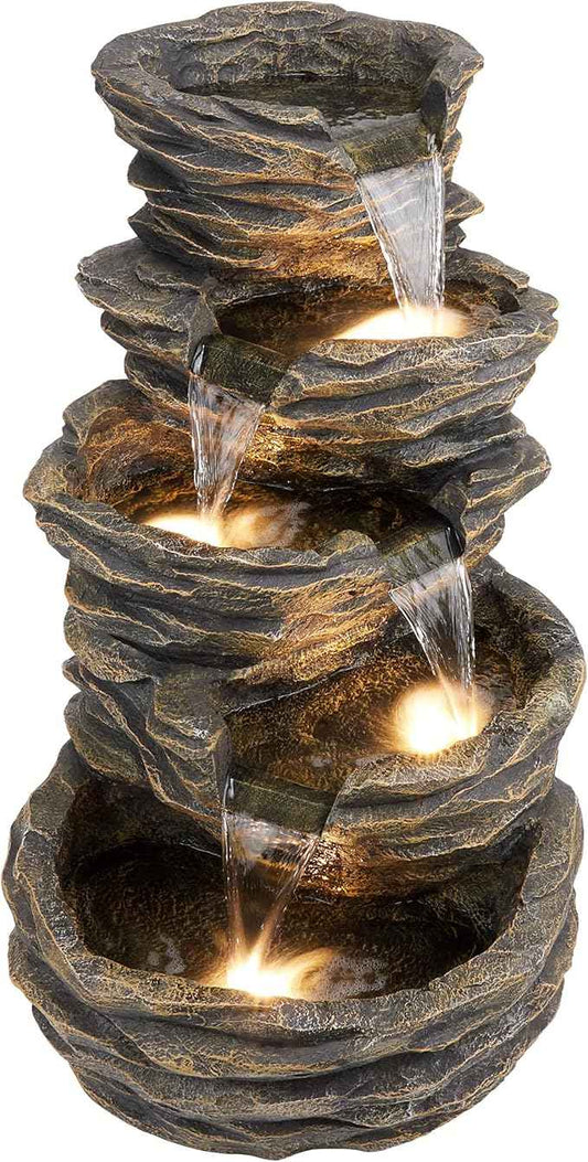 Alpine Corporation 39" Tall Outdoor 5 Tiered Natural Look Rock Water Floor Fountain with Replaceable Lights, Brown