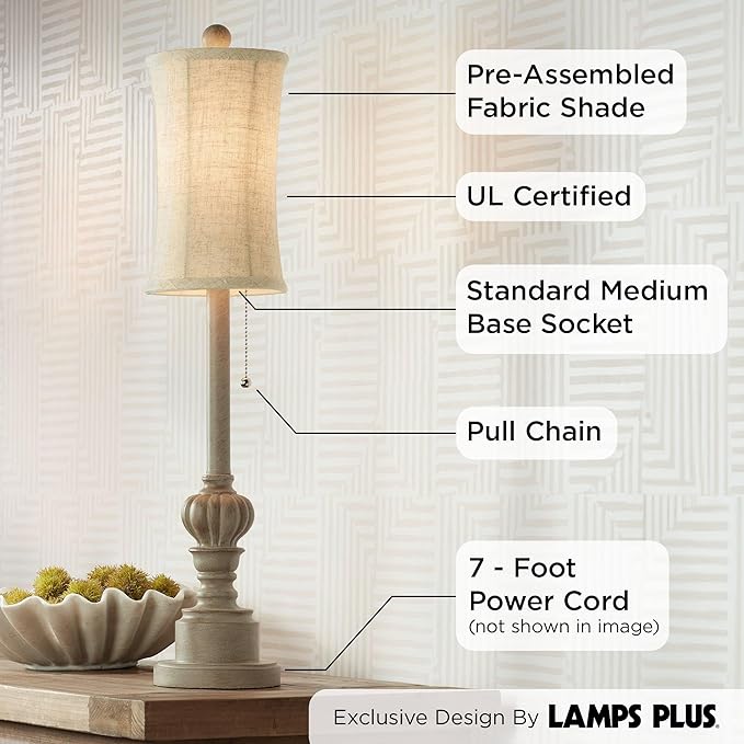 Regency Hill Bertie Traditional French Country Style Buffet Table Lamps 28" Tall Skinny Set of 2 Natural Candlestick Tall Skinny Cream Fabric Bell Shade Decor for Living Room House Home Entryway
