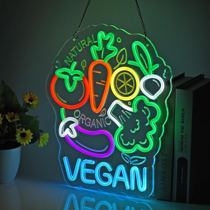 Vegan Neon Sign, Neon Lights Hanging Wall Art Decoration for Business Restaurant Shop Store Bar Cafe Party Home Decor, USB Powered Ultra Bright Dimmable,14.57×12.6inches