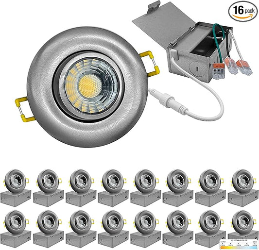 NUWATT | 16 Pack | Brushed Nickel 3 Inch Round Adjustable LED Ceiling Light Gimbal Recessed Lighting Dimmable Canless Light 5CCT 2700K | 3000K | 3500K | 4000K | 5000K 8W 600 Lumens IC-Rated Wet Rated
