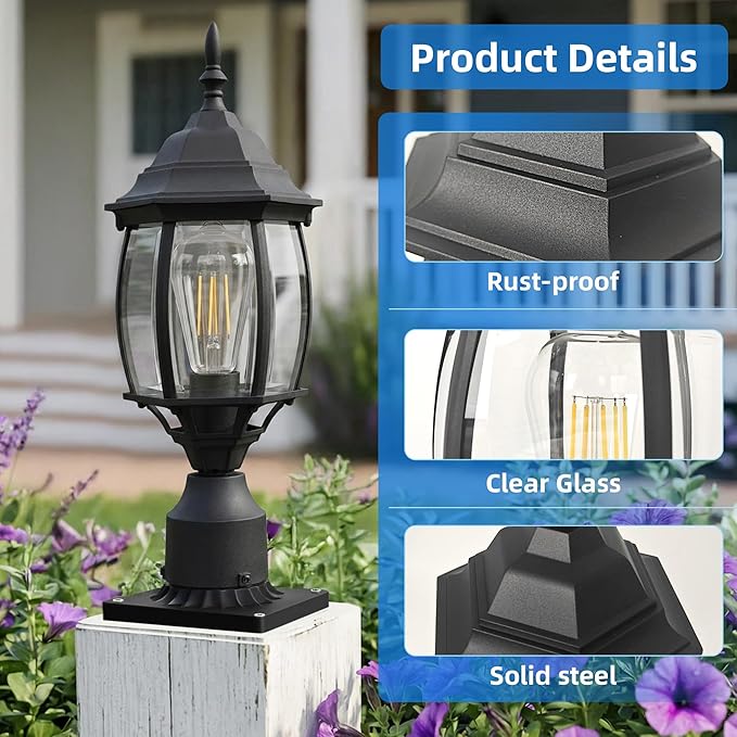 2 Pack Black Outdoor Lamp Post for Patio Pathway, 17inch Black Outdoor Post Light Fixture for House Pier Mount Outside Lighting Exterior Pole Lamp 17” Coach Light