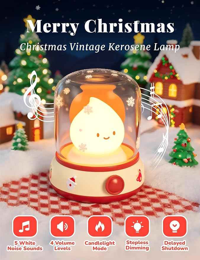 Christmas Night Light Music Box for Kids, Cute White Noise Machine Gift, Dimming, Rechargeable Portable Small Table Lamp, Best Idea for Christmas Gift Decoration