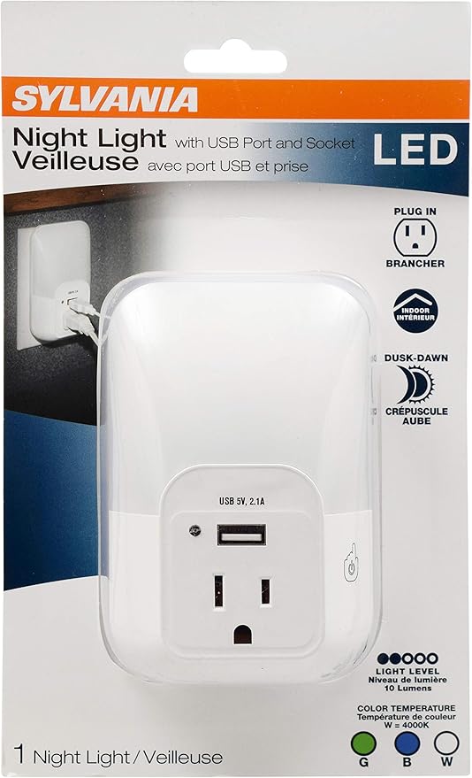 Sylvania LED Night Light with USB Port and Socket, 3-Color Select, Frosted, 3000K, 5 Lumens, Cool White - 1 Pack (64991)