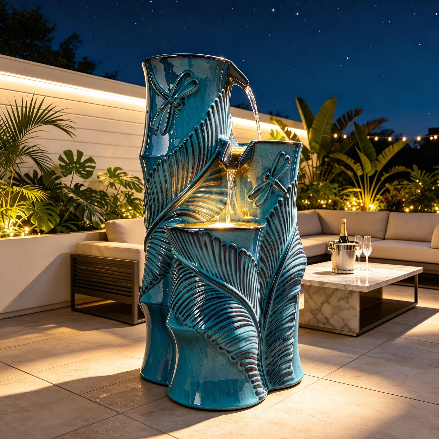 Autodaya Tropical Turquoise Ceramic Outdoor Water Fountain with Lights