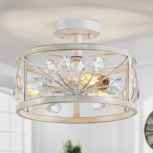 WUZUPS Crystal Leaf Chandelier 3-Light Vintage Farmhouse Industrial Semi-Flush Mount Ceiling Light Lighting Fixture for Foyer Hallway Storage Room Kitchen Bathroom, H 8.5" W 12", Antique White
