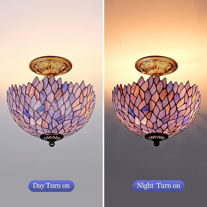 Wisteria Style Tiffany Ceiling Light Fixture Stained Glass Semi Flush Mount Lamp Wide 12 Inch Height 11 Inch Vintage Inspired Lighting Statement for Bedroom Hallway Entryway (Deep Blue)