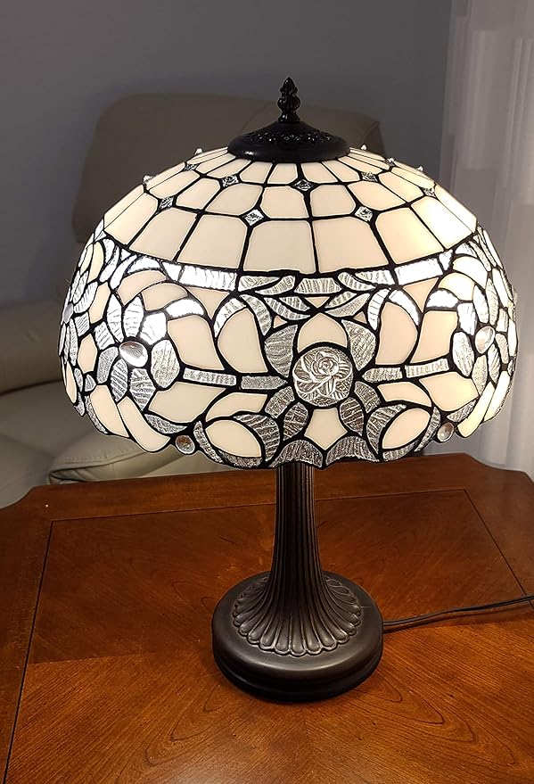 Tiffany Style Table Lamp Banker 22" Tall Stained Glass White Grey Mahogany Floral Flower Elegant Vintage Light Décor Bedside Living Room Bedroom Handmade Gift AM316TL16B Amora Lighting