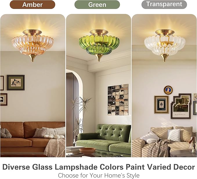 FTL Semi Flush Mount Ceiling Light Fixture, Gold Vintage Scalloped Amber Glass Chandelier, 2-Light Close to Ceiling Light Fixtures for Bedroom Kitchen Foyer Entryway Hallway