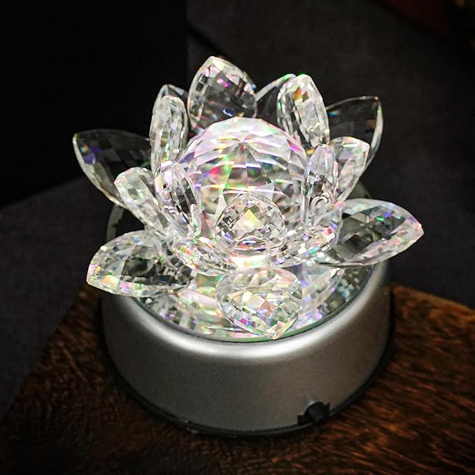 Crystal Lotus Night Light - Crystal LED Light 7 Color Change Rotating Base for Bedroom Table Desktop Bedside Electric Altar Light Buddha lamp Lotus Flower Ornament Great Gift Idea