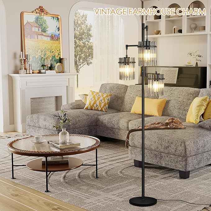 Industrial Floor Lamps for Living Room, Dimmable Floor Lamp Modern Standing Lamps with Glass Lampshade, Rotary Switch, LED Bulbs, Tall Lamps for Bedroom, Office (3 Lampshades(66inch))