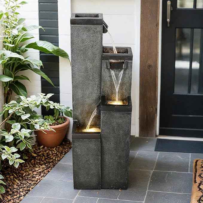 SunJet 4-Tier Modern Water Fountain, Indoor/Outdoor Resin Water Fountains with Soothing Water Sounds, Perfect for Garden, Patio, Home & Office, 12.5" L x 9.4" W x 39.3" H