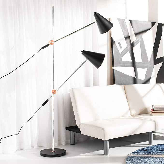 SAFAVIEH Lighting Collection Reed Modern Contemporary Scandinavian Retro Chrome/ Black 71-inch 2-light Living Room Bedroom Home Office Standing Tree Floor Lamp (LED Bulbs Included)