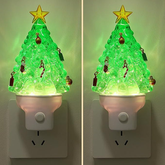 2 Pack Christmas Night Lights Plug into Wall Glitter Christmas Tree Nightlights with USB/Outlet Options, Xmas Night Lights Decorative for Bedroom Living Room Kitchen Holiday Decorations Gifts (Tree)