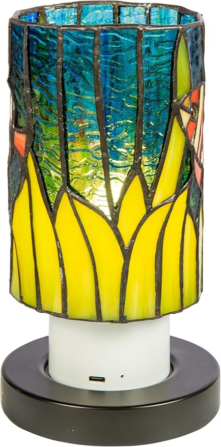 Dale Tiffany TAR24121 Royal Angelfish Uplight Tiffany Accent Lamp with Built-in Rechargeable Battery and 3-Level Brightness, Multicolor, 8.5-Inch Tall