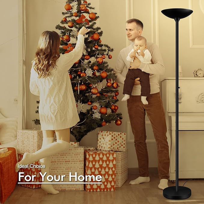 30W Torchiere Floor Lamp - 3600LM Super Bright LED Floor Lamp, 71 Inch Stepless Dimmable Standing Lamp with 3000K Lighting, Rotary Switch, Tall Metal Torch Floor lamps for Living Room/Bedroom (Black) - Aura Lighting