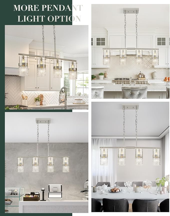 LMS 4-Light Brushed Nickel Island Chandelier Lights for Kitchen, Mid Century Pendant Light with Hammered Glass Shade, Farmhouse Dining Room Light Fixture, Kitchen Island, LMS-171BN-4 - Aura Lighting