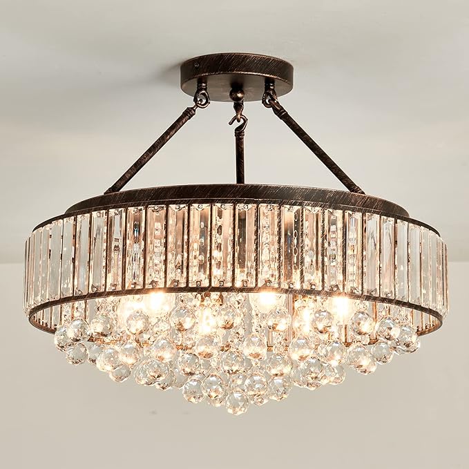 YYJLX 6 Light Modern Crystal Oil Rubbed Bronze Metal Semi Flush Mount Ceiling Light Fixture E26 Indoor Round Ceiling Lamp for Dining, Living, Foyer, Kitchen, Bedroom
