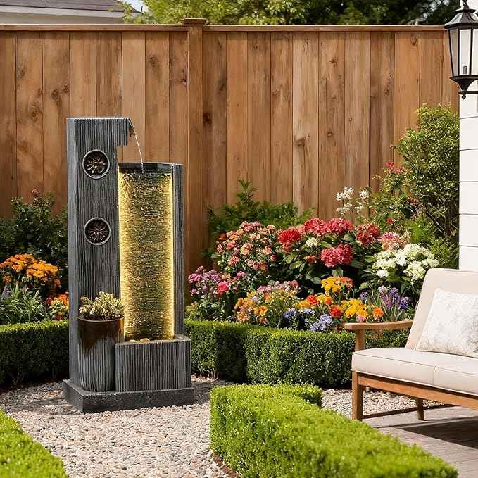 37" H Modern Indoor Water Fountains - Rectangular Outdoor Waterfall Fountain with LED Lights and Pump and Sculpted Flowers for Office, Living Room, Bedroom, Garden and Home Art Decor