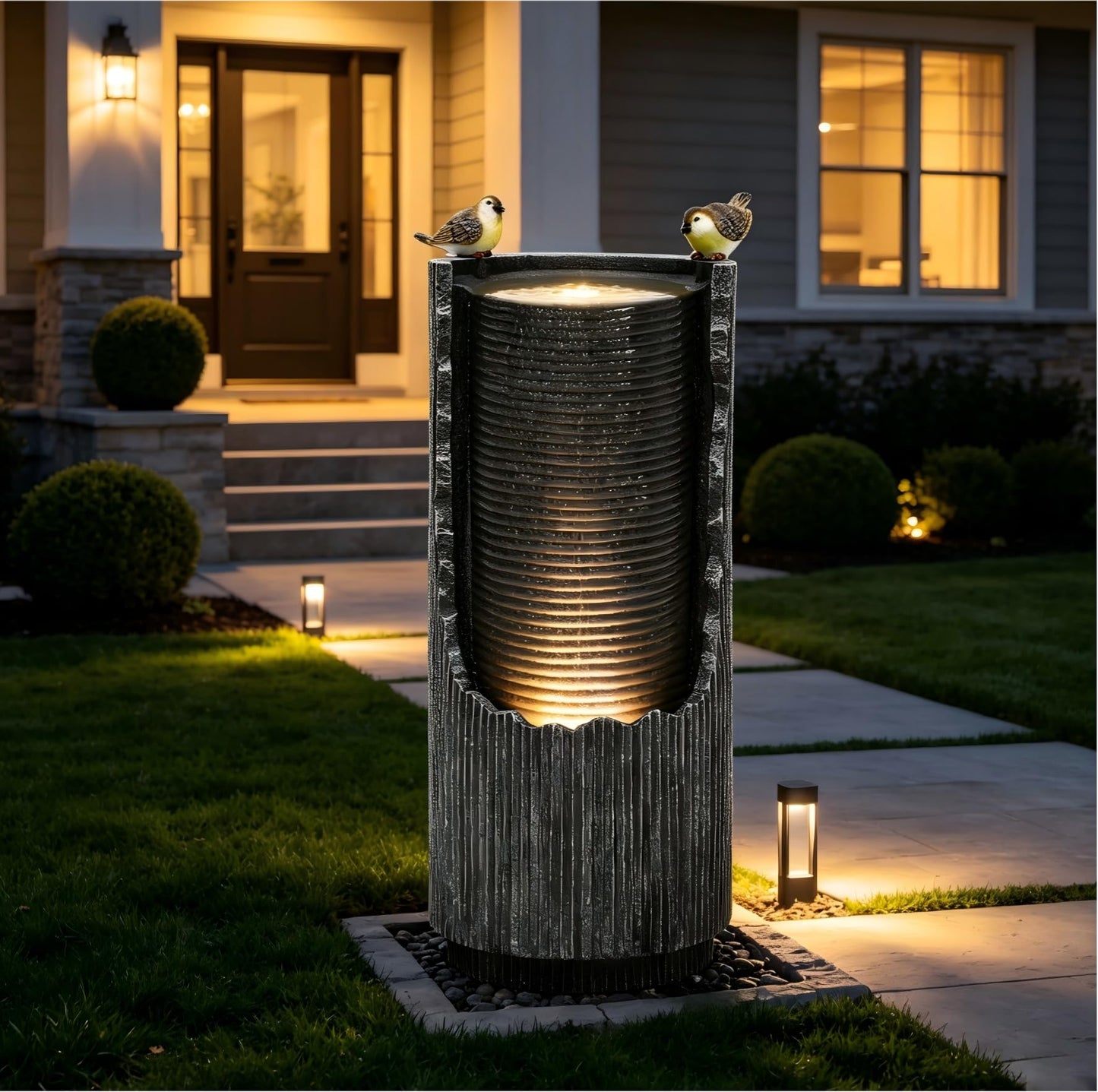 32" Faux Stone Outdoor Water Fountain with LED Lights