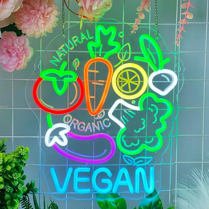 Vegan Neon Sign, Neon Lights Hanging Wall Art Decoration for Business Restaurant Shop Store Bar Cafe Party Home Decor, USB Powered Ultra Bright Dimmable,14.57×12.6inches