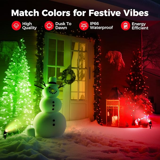 L LOHAS LED Christmas Spotlight Outdoor, Red Spot Lights for Yard, Auto On/Off 5W 120V Landscape Lighting for House, Holiday, Trees, Decoration, 450LM IP66 Waterproof, UL Listed, 2 Pack - Aura Lighting