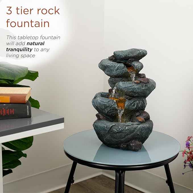 Alpine Corporation TZL418 14" 3 Tier Rock Fountain with LED Lights, Elegant Cascading Water Feature for Tabletop, Indoor Decor, Relaxing Stone Waterfall for Home & Office, Gray