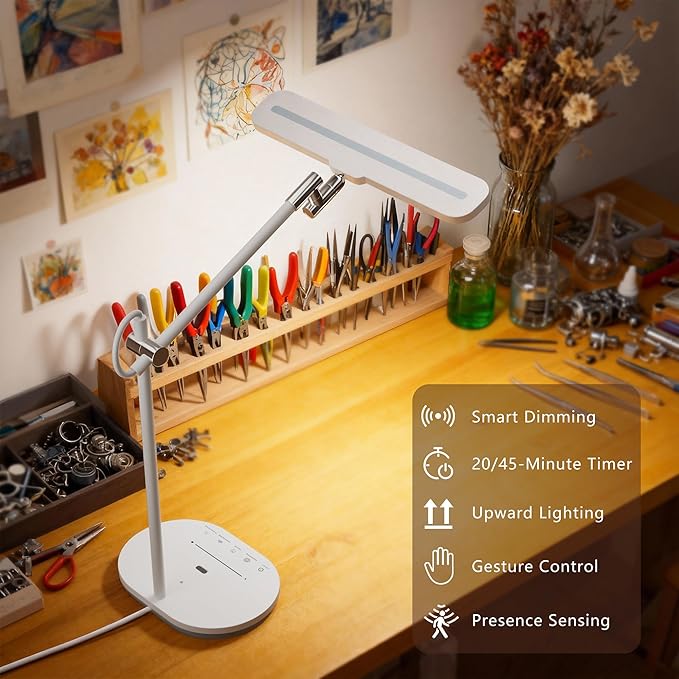 LED Desk Lamp with CRI 98, Advanced Eye-Caring Bright Desk Light for Crafting, Home Office & Kids Studying, Multi-Angle Adjustable, Dimmable Full Spectrum with Touch & Gesture Control - Aura Lighting