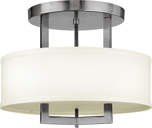 Hinkley Hampton Medium Semi-Flush Mount Light - 3-Light, Drum Style, Off-White Linen Hardback Shade, Acrylic Etched Lens Diffuser - Antique Nickel Finish - Aura Lighting